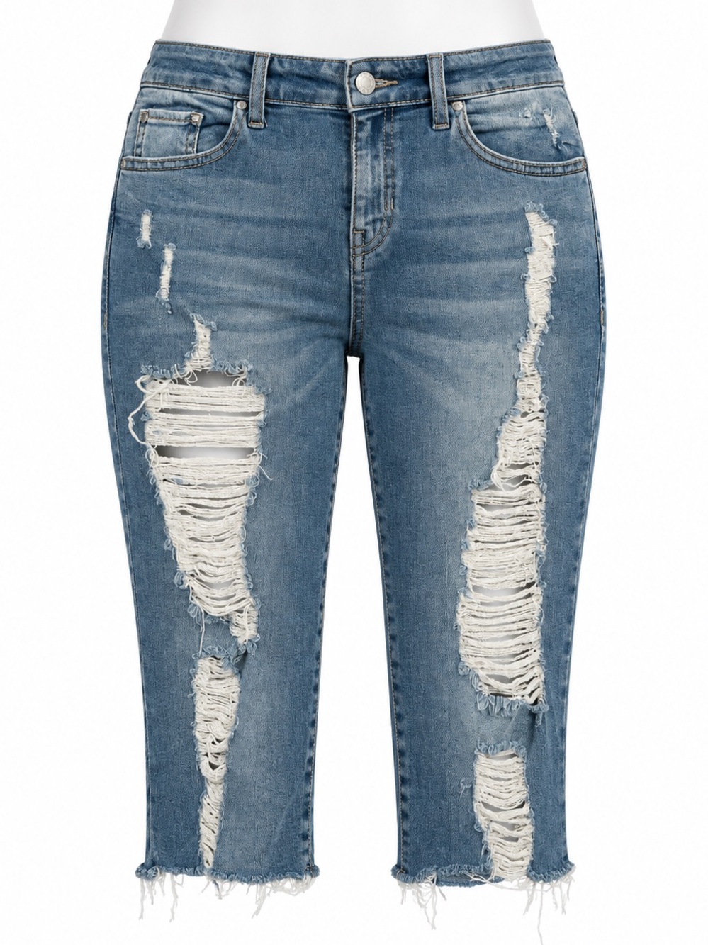 Size 28 GUESS Women’s Blue Distressed Bermuda Denim Shorts Raw Hem Ripped Cutoff